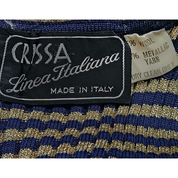 Vtg 70s CRISSA LINEA‎ ITALIANA Wool Knit Sleeveless Sweater Gold Navy Striped - Picture 4 of 7